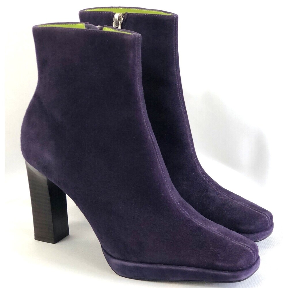 Vintage Tommy Hilfiger Suede Ankle Boots 7M Purple 3.5 Heel Square Toe 90s Y2K